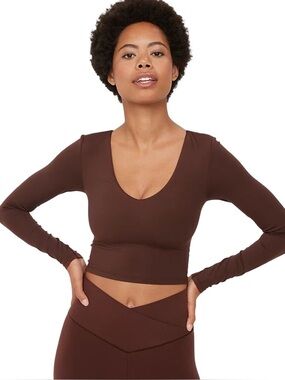 🟤🤎🟤‎ aerie Brown Long-Sleeve V-Neck Crop Top Workout fitted silky